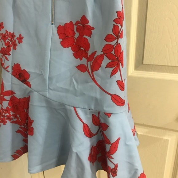 Adrianna‎ Papell pretty blue red roses asymmetrical flounce hem tulip Dress sz 2 - Picture 7 of 12